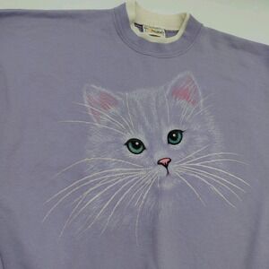 Vtg Morning Sun Cat Lady Sweatshirt Double Collar Rhinestone Purple Granny 90s